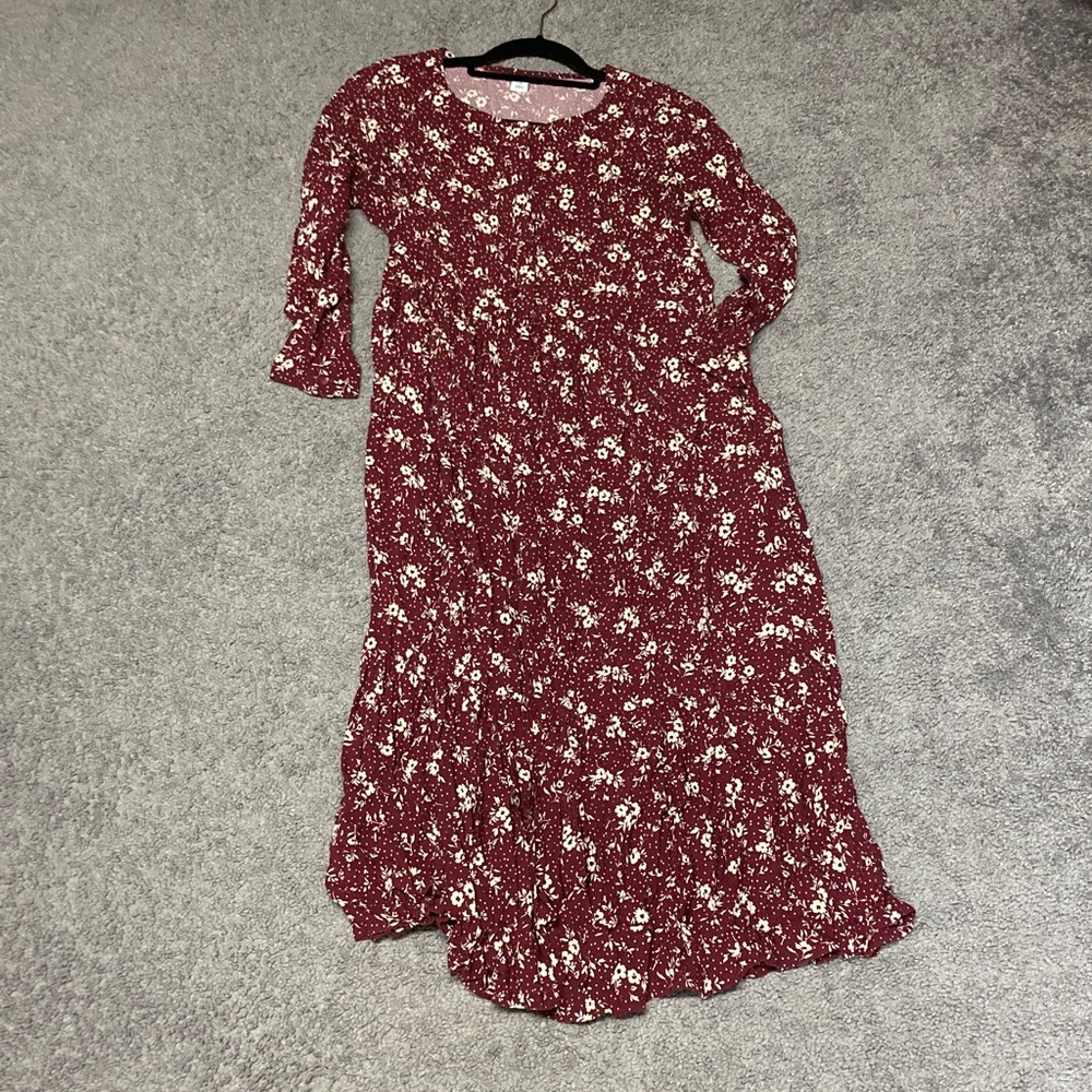 old navy 3/4 sleeve button front burgundy floral dress